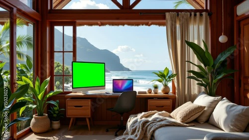 A cozy home office with large windows, ocean view, modern desk setup, indoor plants, and natural sunlight streaming in.