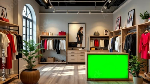 A modern clothing boutique features stylish outfits on display, a green screen counter, and elegant decor for a welcoming shopping experience.