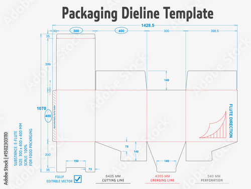 Title: Packaging Dieline Template. 2D Technical Drawing File Eps Scale. Fully editable vector. Prepared for production