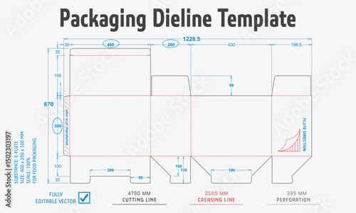 Title: Packaging Dieline Template. 2D Technical Drawing File Eps Scale. Fully editable vector. Prepared for production
