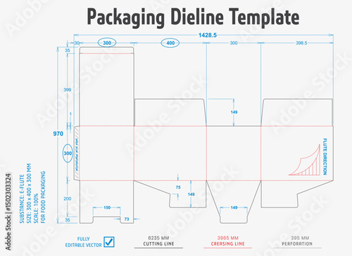 Title: Packaging Dieline Template. 2D Technical Drawing File Eps Scale. Fully editable vector. Prepared for production