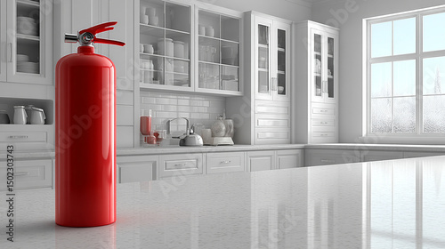 Wallpaper Mural Bright red fire extinguisher in a modern white kitchen. Minimalistic design with blurred background. Safety equipment in a contemporary home setting. Torontodigital.ca