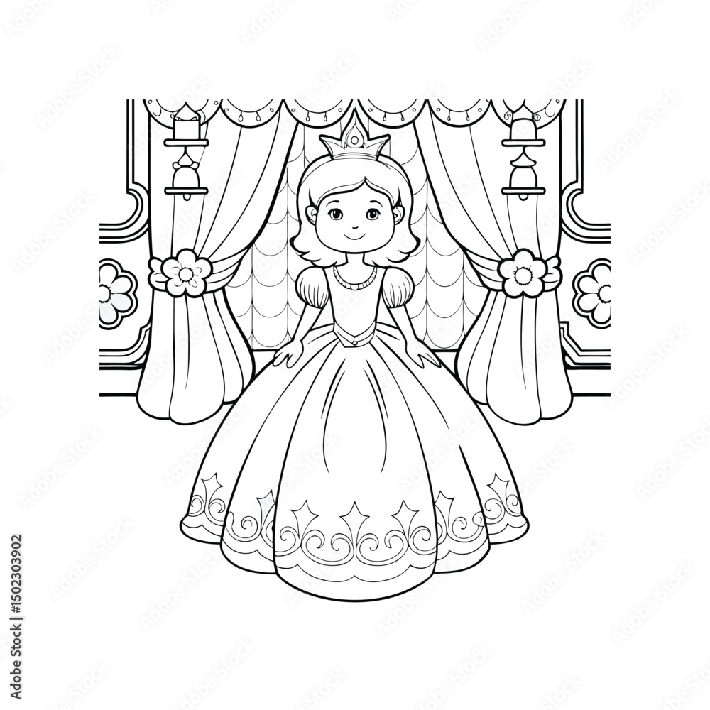 Fototapeta premium Adorable Princess Coloring Page Regal Girl in a Ball Gown