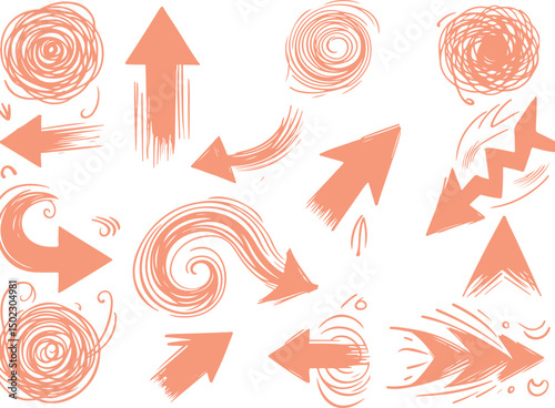 Crayon arrow sketch collection  a set of hand drawn doodle-style pointers featuring curved lines vector .