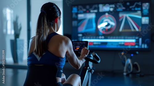 Woman on exercise bike in front of large screen displaying virtual cycling route in modern apartment .
