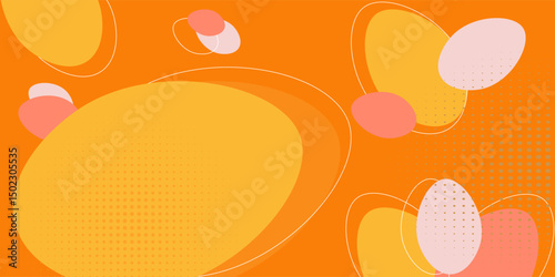 Happy Easter banner. Trendy Easter design with typography, hand painted strokes and dots, eggs, bunny ears, in pastel colors. Modern minimal style. Horizontal poster, greeting card, header for website