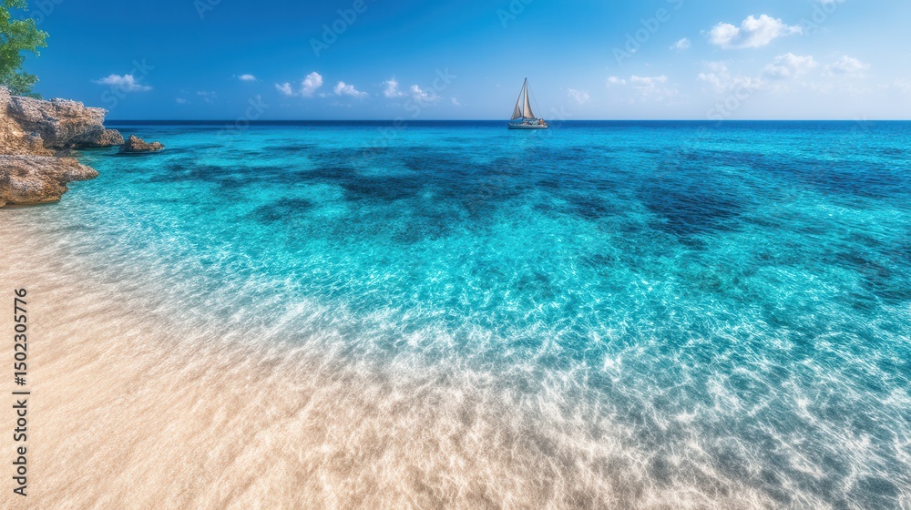 Tropical beach scene with a sailboat Tropical beach scene with a sailboat