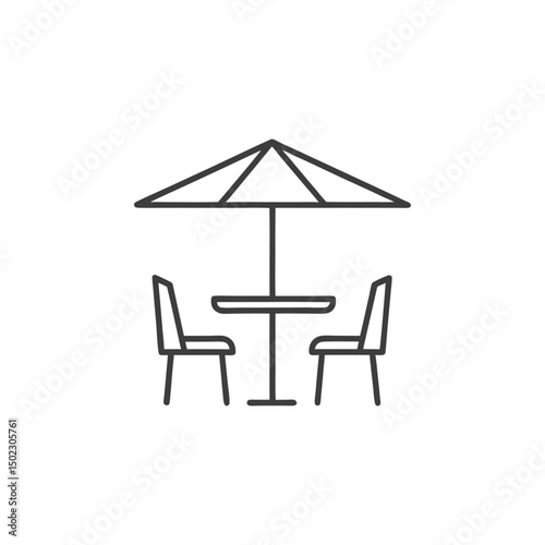 Line Drawing of Outdoor Patio Table with Umbrella and Chairs