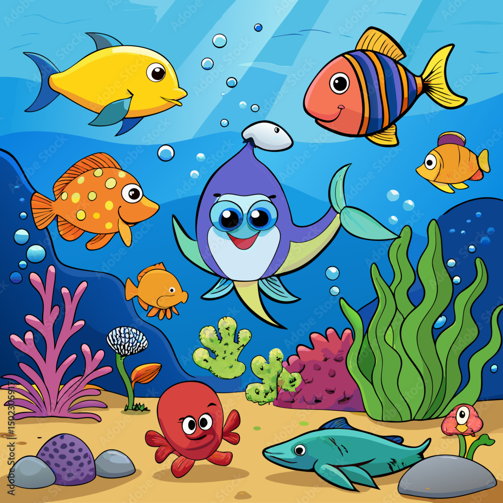 Naklejka premium Exotic Fish Collection Cartoon Marine Underwater.