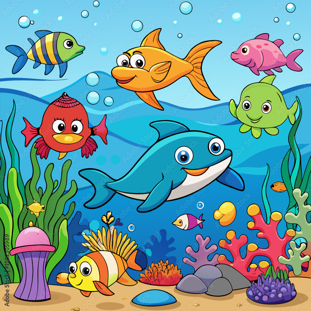 Fototapeta premium Exotic Fish Collection Cartoon Marine Underwater.