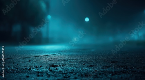 Fototapeta Naklejka Na Ścianę i Meble -  A low-angle close-up of a misty, dark street at night, illuminated by distant, blurry streetlights.  The asphalt shows texture and small debris