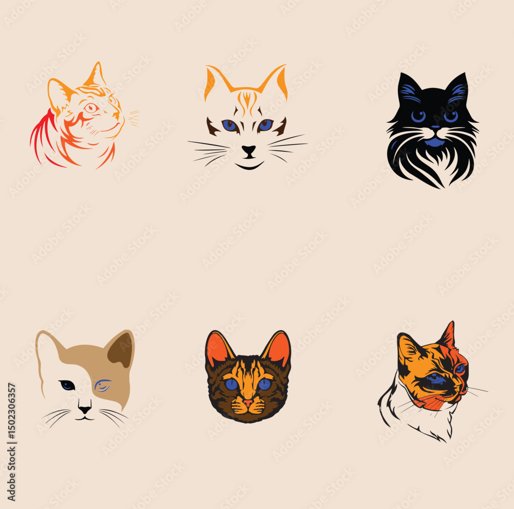 Obraz premium Cat Colorful Face Group Vector Image Set