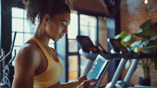 Woman using tablet in gym with treadmill and weights in background during workout routine fitness health .