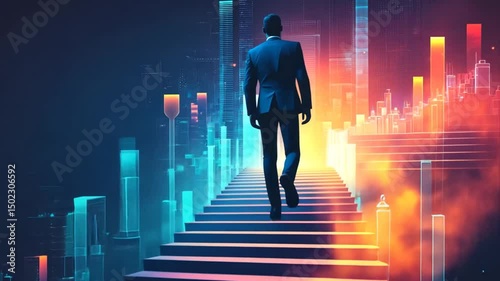 Businessman climbing the stairs to success with futuristic city and data visualization in the background