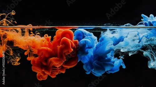 Show two thick inks, one red and one blue, colliding diagonally in the center, meeting in the center without reaching the bottom, Generative AI Videos.