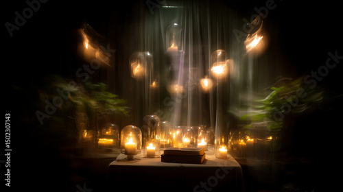 Mysterious candlelit Halloween seance scene with floating books and glass domes