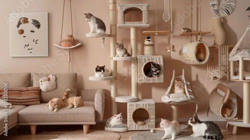 Wallpaper Mural A cat room with a cats, a tall tower of small cat houses and an a sofa, various furniture, shelves full of pet toys, wide shot, interior design, Generative AI Videos. Torontodigital.ca