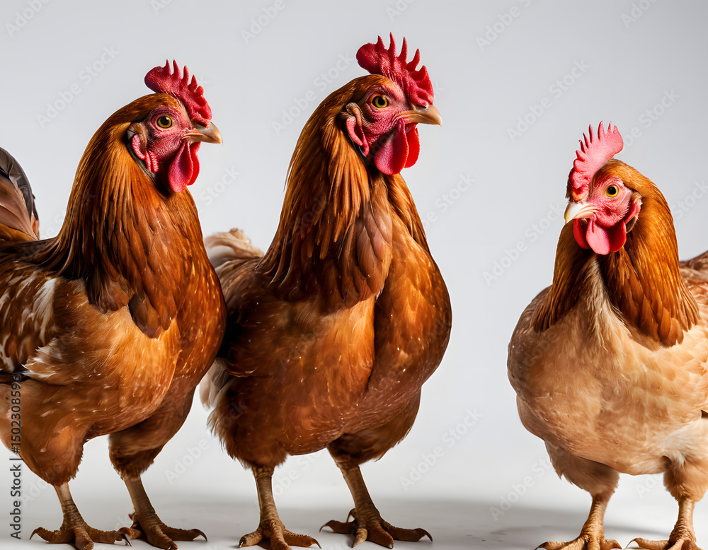 Fototapeta premium Three chickens isolated on a transparent background, A beautiful wallpaper. cock and hen.