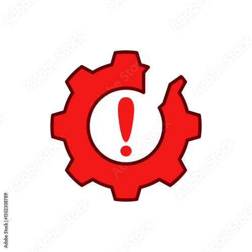 red broken gear icon with an exclamation mark in the center symbolizing an operational process failure. It is often used to indicate errors, disruptions, or the need for repair or maintenance. 