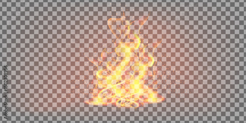 Translucent fire flames and sparks on a transparent background. Tongues of flames, realistic fire flame burning elements, ignition effect, fireball energy icons