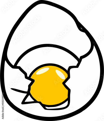 Cracked egg illustration in vector style showing yellow yolk and broken shell