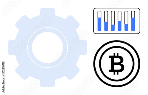 Gear, Bitcoin coin sign, bar graph with filled levels. Ideal for blockchain, cryptocurrency, technology, analytics, digital finance, operations simple landing page