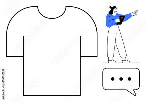 Female character holding tablet pointing in direction near large blank t-shirt outline and speech bubble with three dots. Ideal for design, communication, e-commerce, education, messaging, teamwork