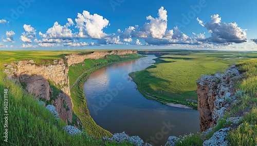 High angle view of a river winding through a valley.