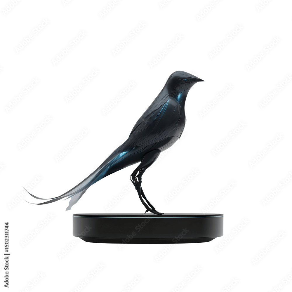 Fototapeta premium Futuristic Black Bird on a Sleek Platform - Technological Avian Sculpture
