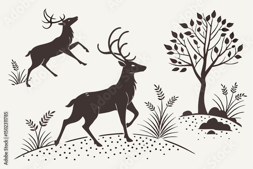 Rustic Black Deer Silhouettes – Vector Illustration Bundle