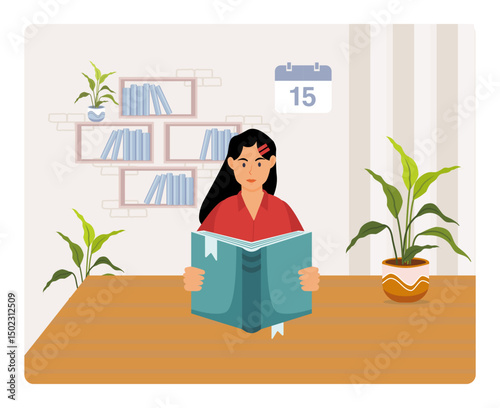 Woman reading book in a Cozy Library Interior