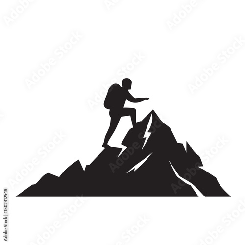 Silhouette of a person climbing a mountain peak representing adventure achievement and challenge
