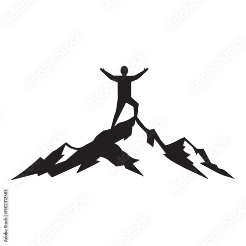 Silhouette of a person achieving success by reaching the mountain peak on a white background