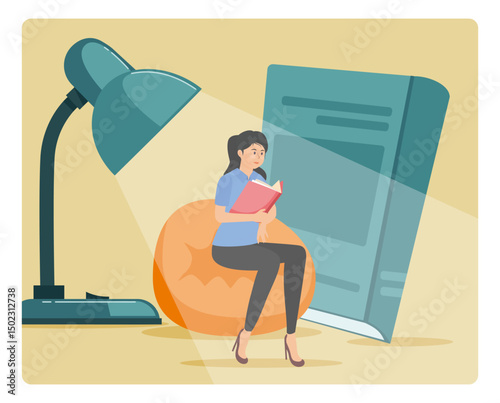 Woman Reading Book in Cozy Setting with Giant Lamp .