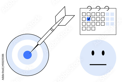 Bullseye hit by dart symbolizing goal achievement, calendar with date marked, and neutral face symbolizing focus. Ideal for success, planning, strategy, productivity, precision, scheduling goal