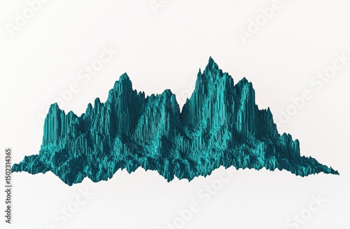 Teal, abstract mountain range, digitally rendered, textured peaks, isolated on white background.  Detailed, 3D model of a ridged, textured landscape