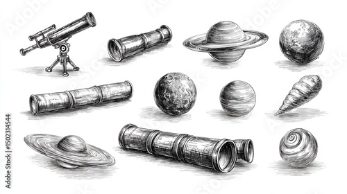 Astronomical objects and instruments.  Detailed sketches of telescopes, planets, and celestial bodies