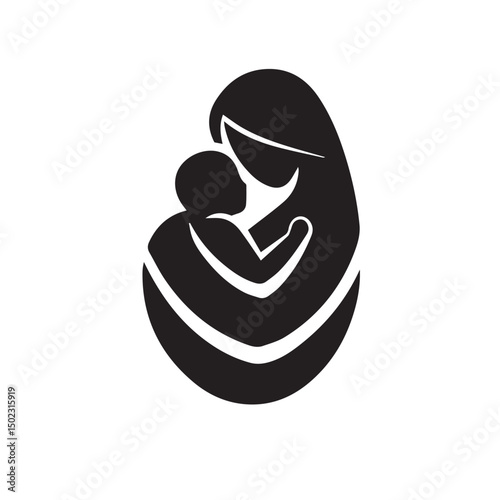 Minimalist black and white illustration of a mother tenderly holding her baby child