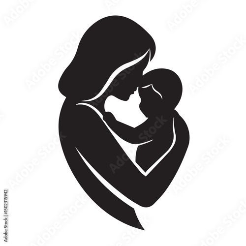 Silhouette illustration of a mother embracing and holding her baby with love and care