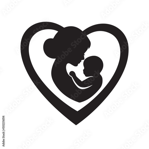 Silhouette of a mother holding her baby within a heart symbolizing love and bonding