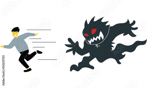 academic pressure, illustration of someone being chased by a monster in the form of a deadline, flat illustration eps 10