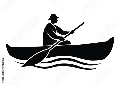 a man travel canoe boat silhouette vector icon illustration.