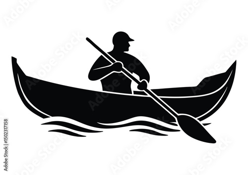 a man travel canoe boat silhouette vector icon illustration.
