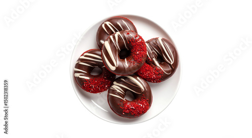 Delicious Red Velvet Donuts with Chocolate Icing and Sprinkles on White Plate isolated on transparent background
