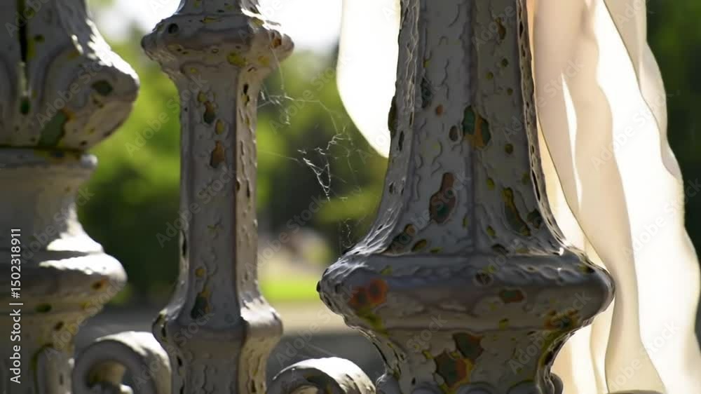 The weathered texture of the Pont des Amours' iron railing where countless hands have touched it, showing subtle layers of paint or the grain of the metal