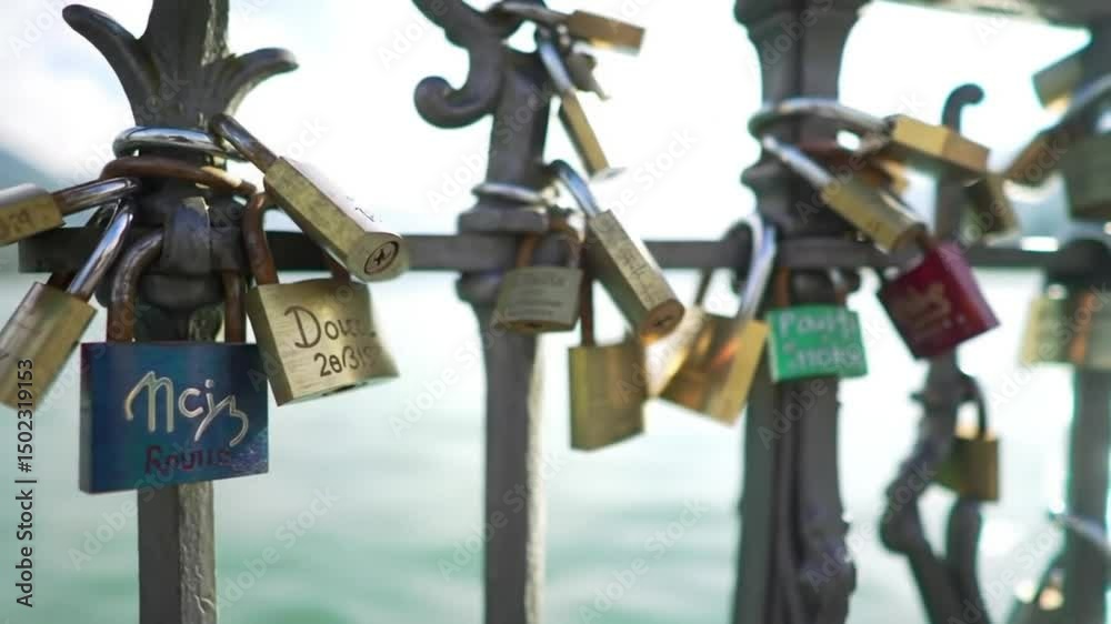 A cluster of colorful love locks tightly clasped onto the ornate iron railing of the Pont des Amours, Annecy. 