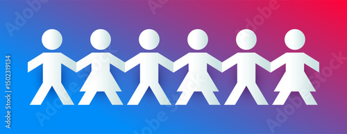 papercut style boy and girl human chain solidarity concept