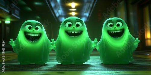 Three cheerful green ghosts in a corridor
