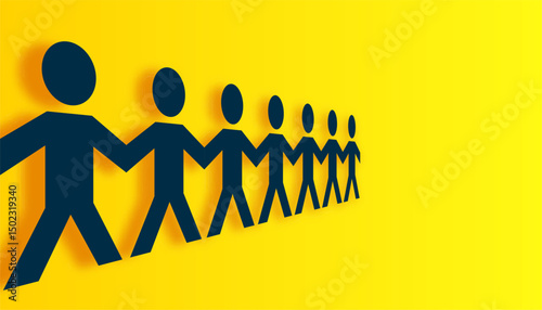 artisitc human team chain on yellow background in paper art