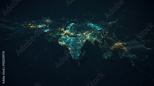 3D infographic in dark blue and cyan color scheme, global network connection system with glowing nodes and thin lines representing digital communication, transmission and internet technology.